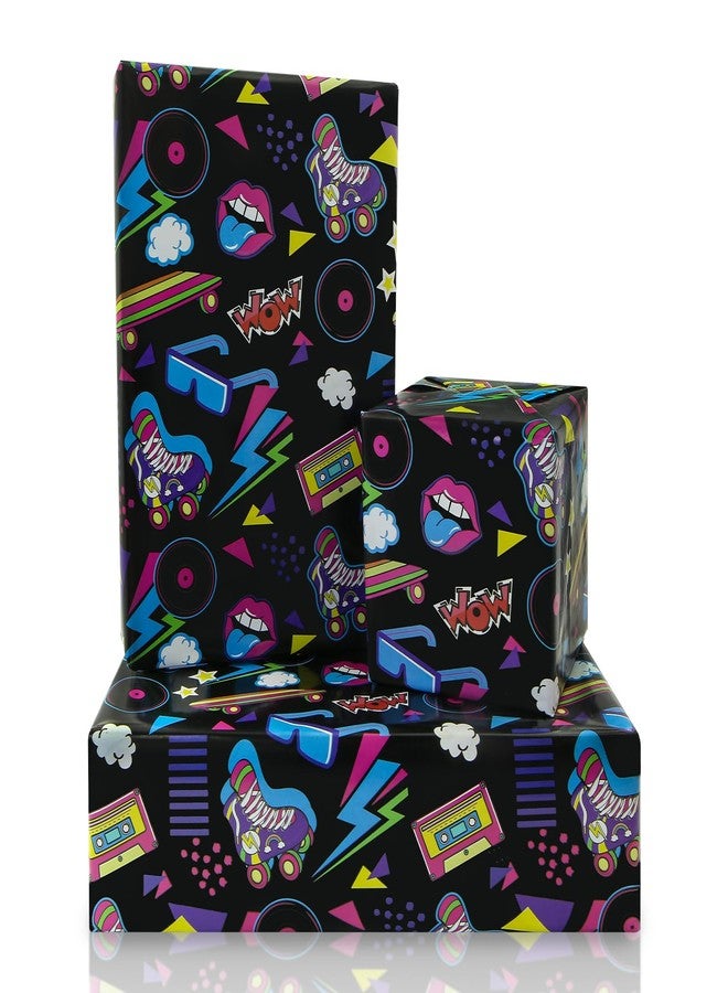Geluode 80s 90s Wrapping Paper for Boy Girl Kids, Hip-Hop Graffiti Electronic Music Birthday Wrapping Paper, 4 Sheets Folded Flat 28x20 inch Gift Paper for 90s 80s Neon Retro Birthday Party Black Light Party - Image 1